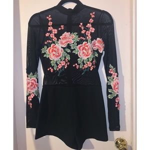 Embroidered Black See-Through Romper